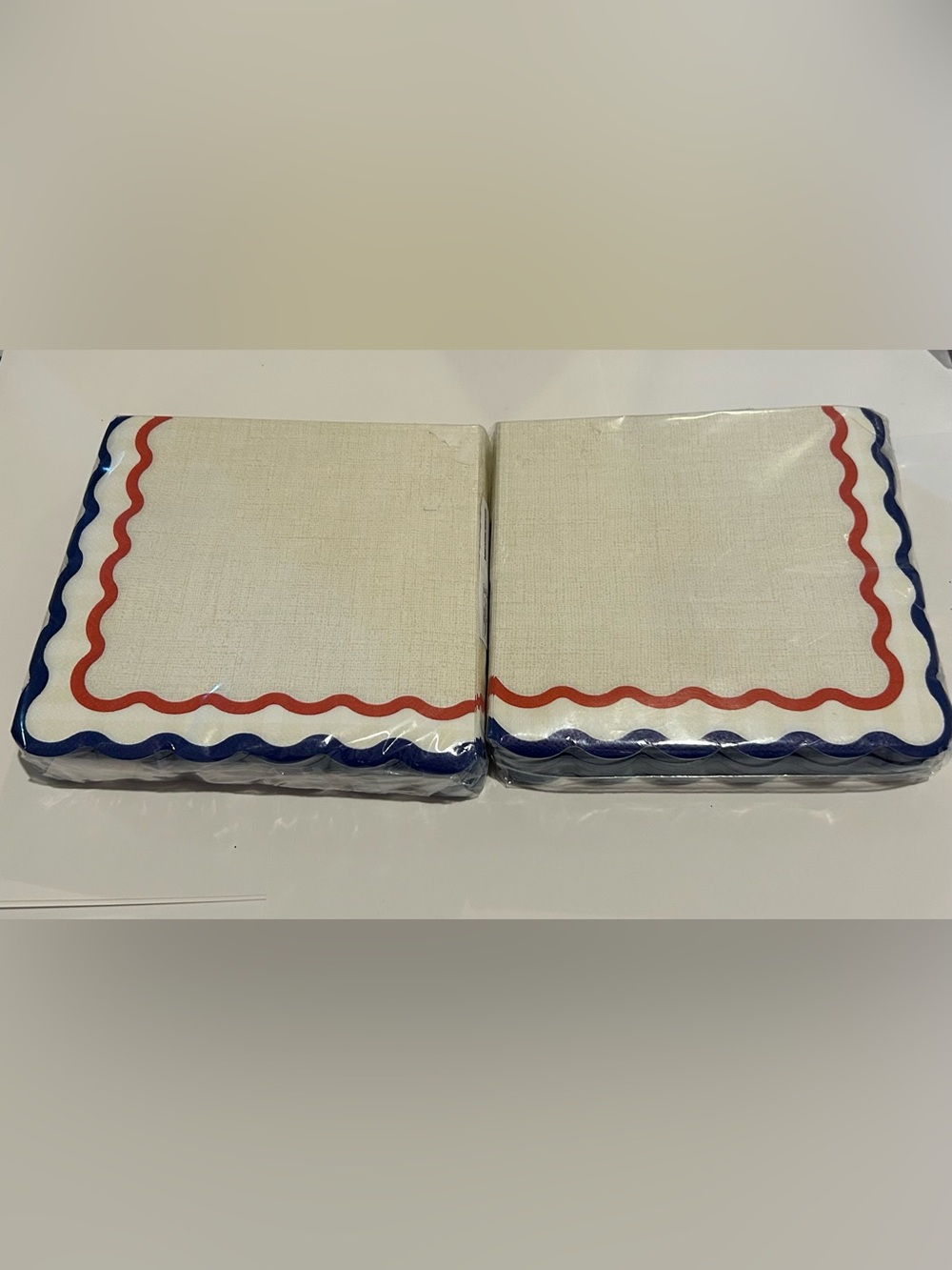 New Sigrid Olsen Cream/White Napkins with Red & Blue Wavy Lines Scalloped Edges